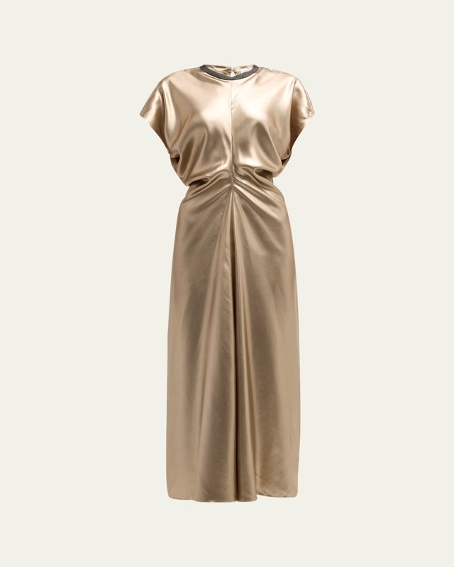 Monili-Neck Metallic Fluid Silk Ankle Dress